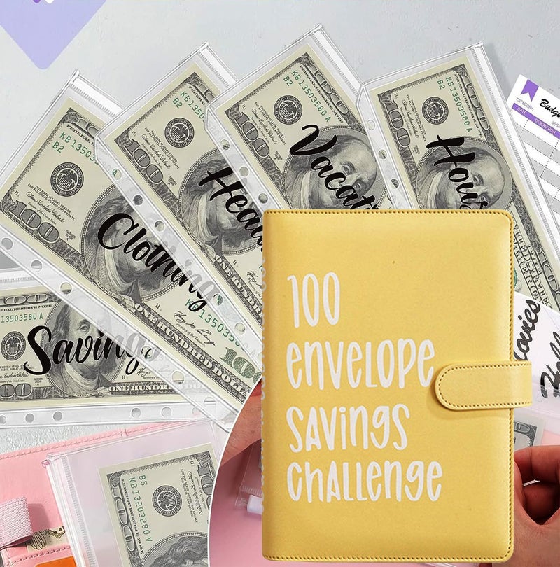 AASLOB 100 Envelopes Money Saving Challenge, 100 Envelope Challenge Binder, Easy and Fun Way to Save $5,050, Savings Challenges Budget Book Binder with Cash Envelopes for Office,Home,School (Yellow) - Image 5